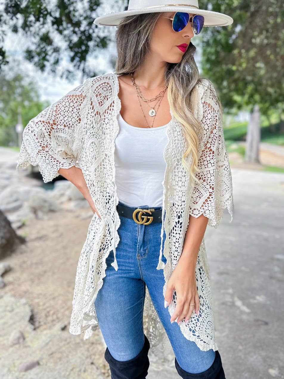 Unique Boho Open Front High-Low Crochet Cardigan With Tie: Ivory / One Size