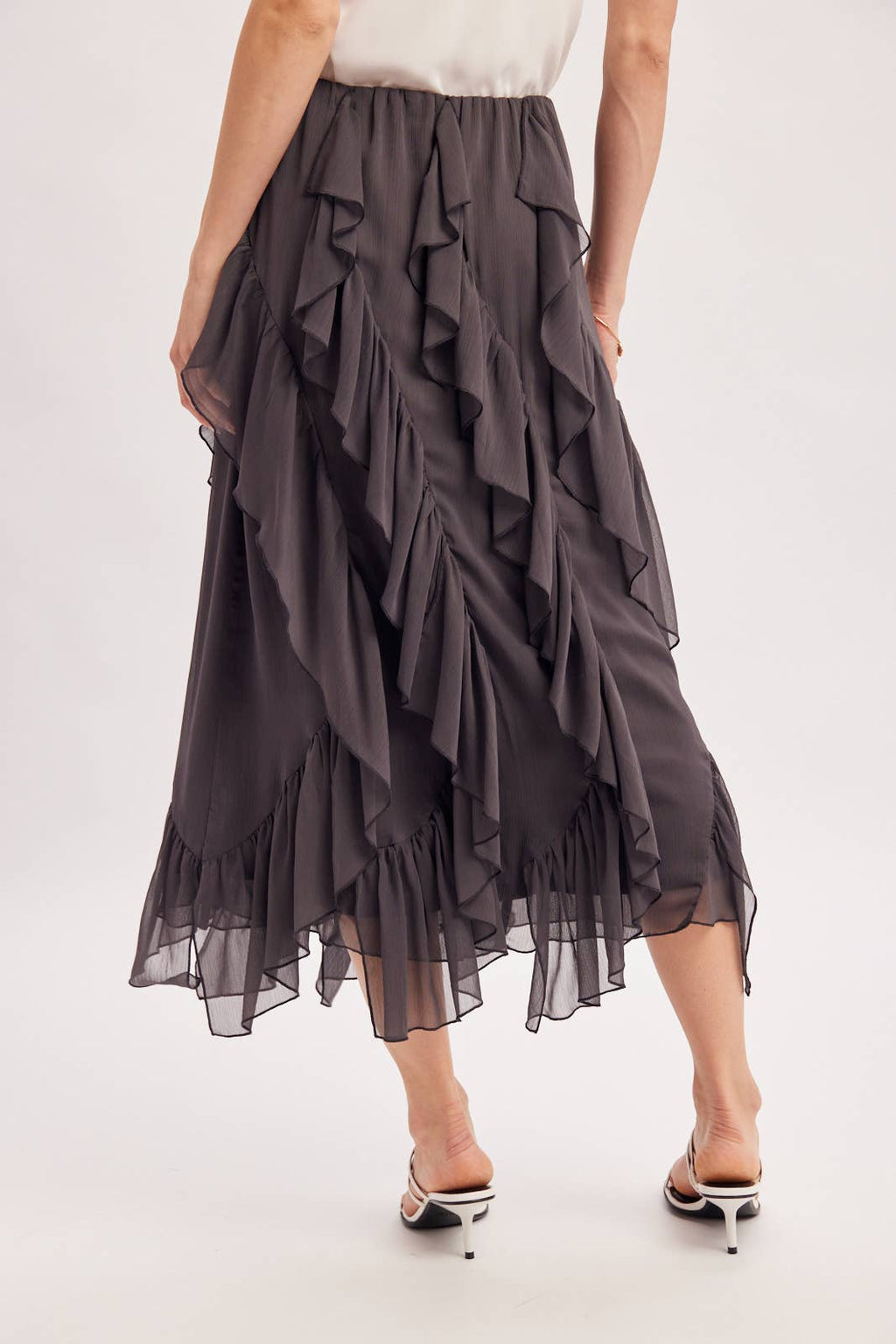 SEMI-SHEER CHIFFON RUFFLED TULLE MIDI SKIRT: ECRU