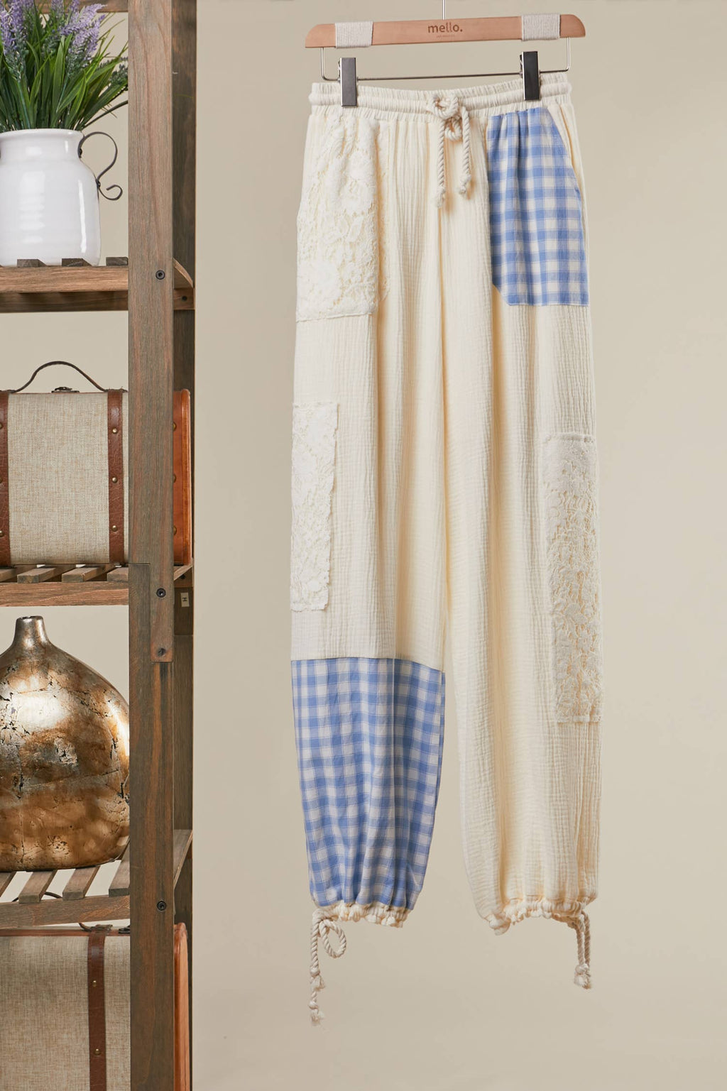 PATCHWORK COTTON WIDE LEG PANTS: Blue
