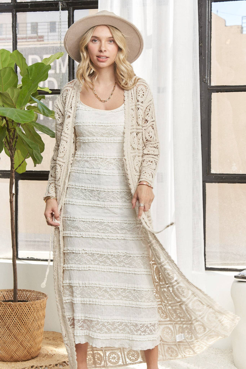 LONG SLEEVES CROCHET CARDIGAN- LESW3831: BEIGE / S-M-L(2-2-2)