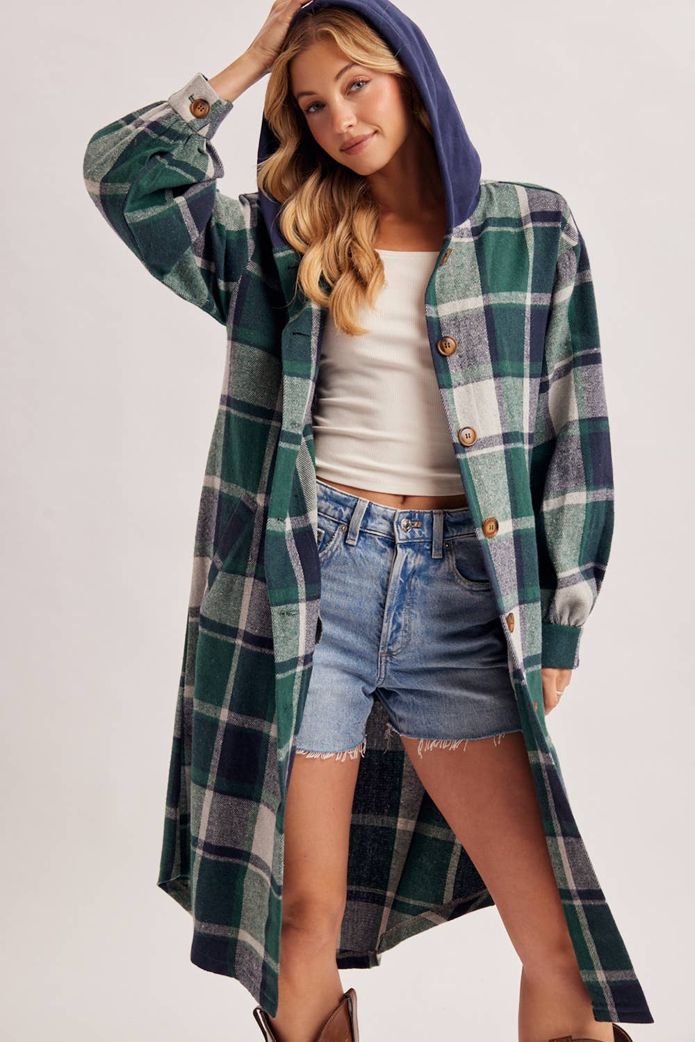LONGLINE PLAID HOODED JACKET
