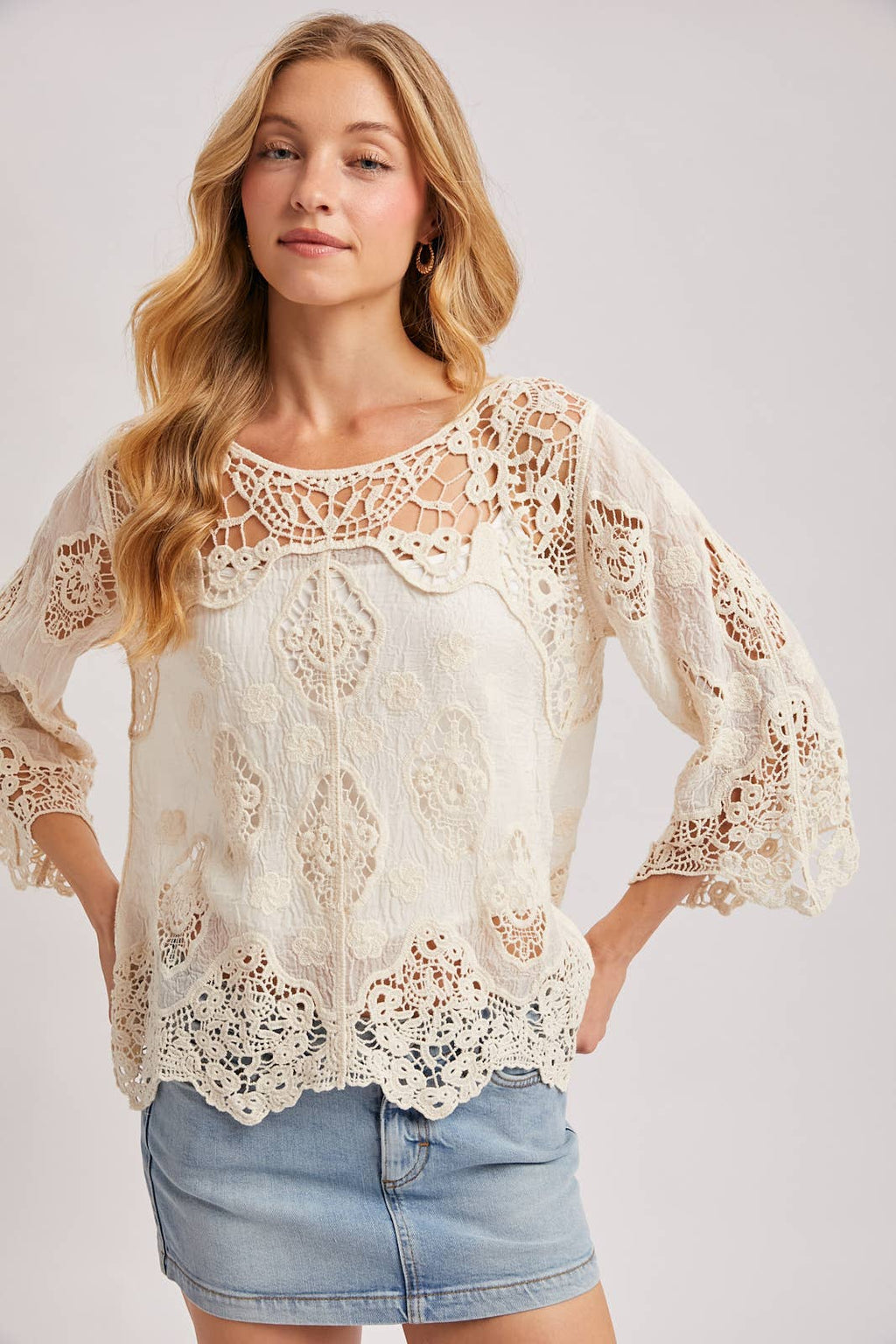 BOHO SHEER CROCHET 3/4 SLEEVED TOP - EASTER DAY: NATURAL / L
