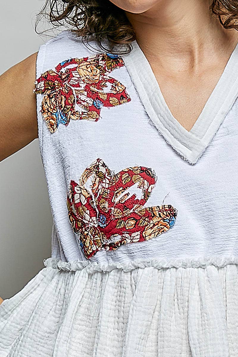 Boho Floral Patch V-Neck Sleeveless Top: NATURAL