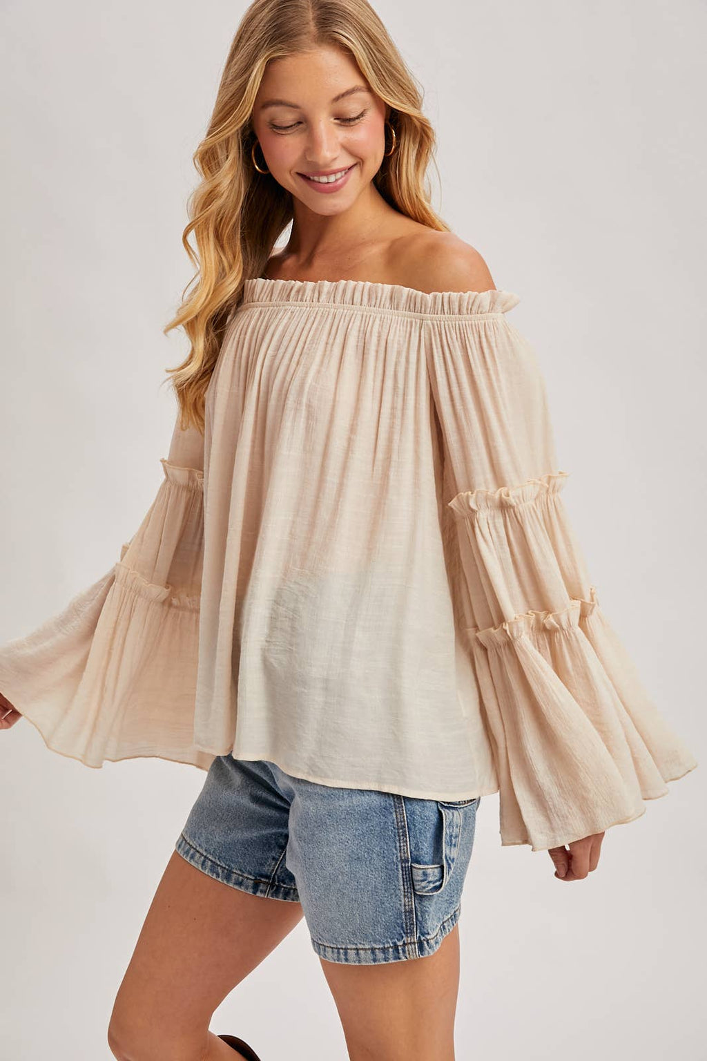TEXTURED BELL SLEEVE OFF THE SHOULDER TOP: ROSE / S