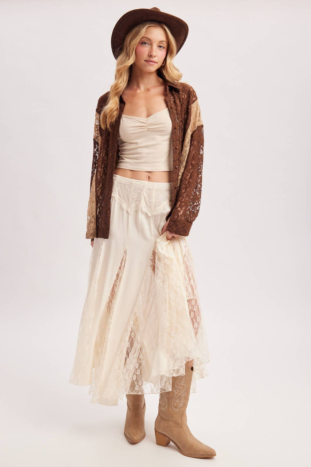 BOHO FLOWY LACE MAXI SKIRT WITH NO LINING - EASTER DAY: ECRU / L