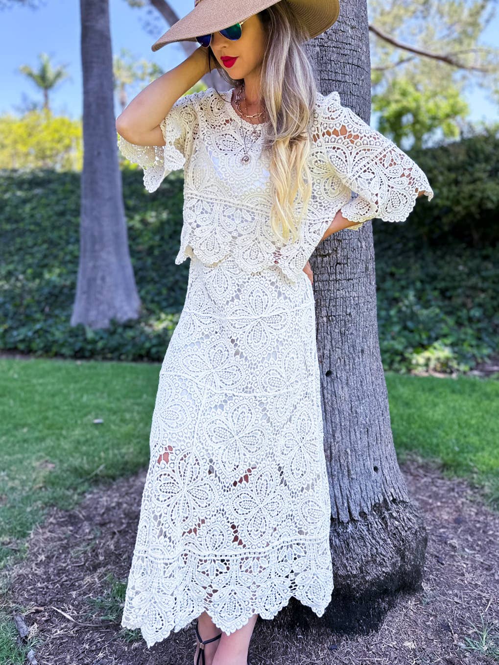 Boho Floral Crochet Maxi Skirt | Matching Set Available: Ivory / One Size