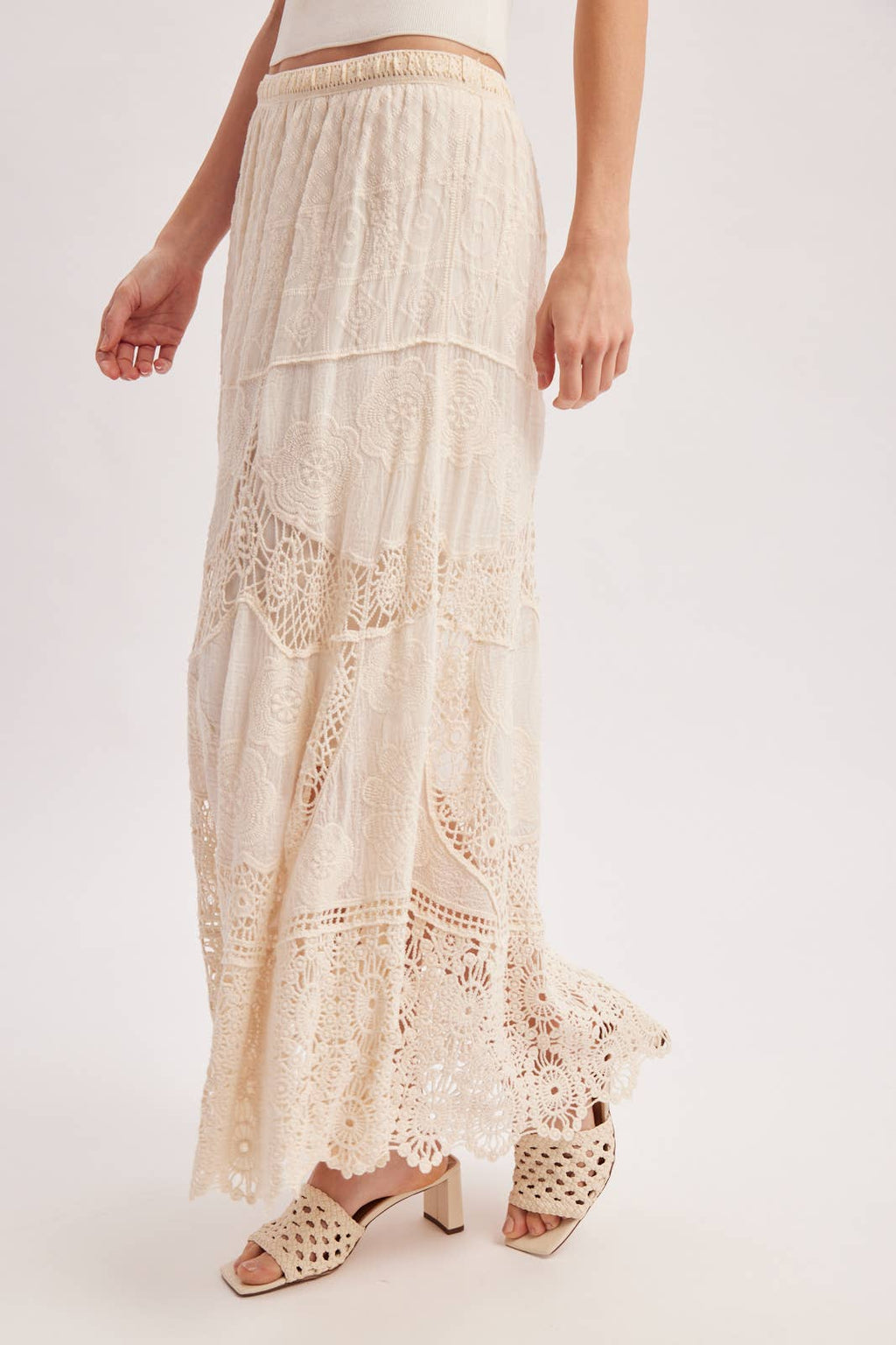 BOHO SHEER LACE MAXI SKIRT WITH LINING: NATURAL / M