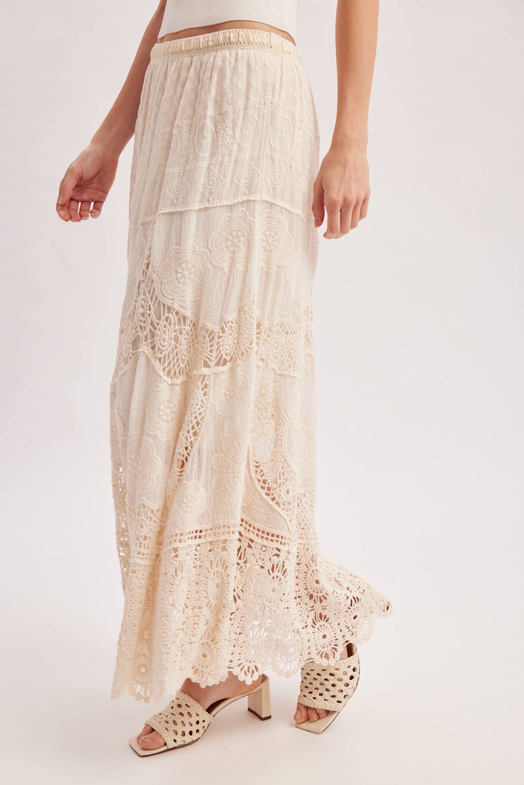 BOHO SHEER LACE MAXI SKIRT WITH LINING: NATURAL / S