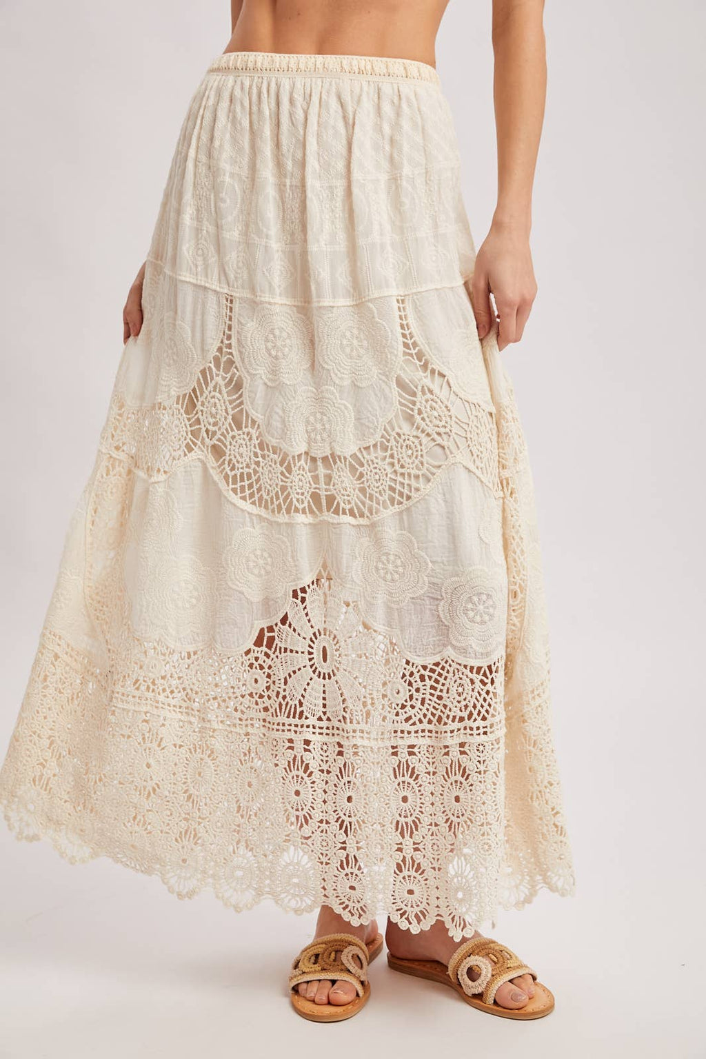 BOHO SHEER LACE MAXI SKIRT WITH LINING: NATURAL / M