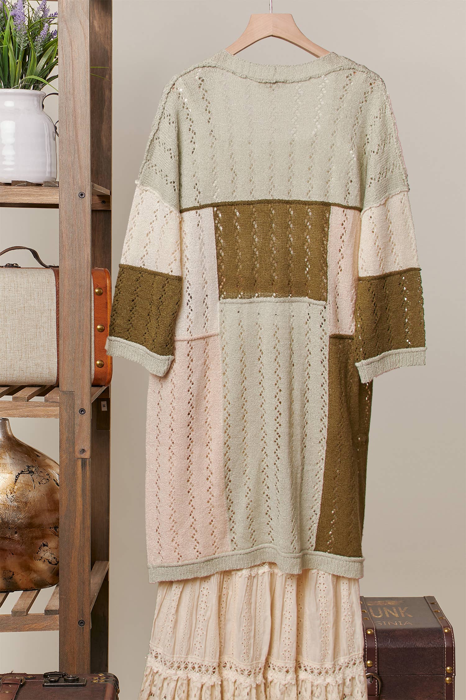 Color Block Patch Pocket Long Cardigan: Olive / M