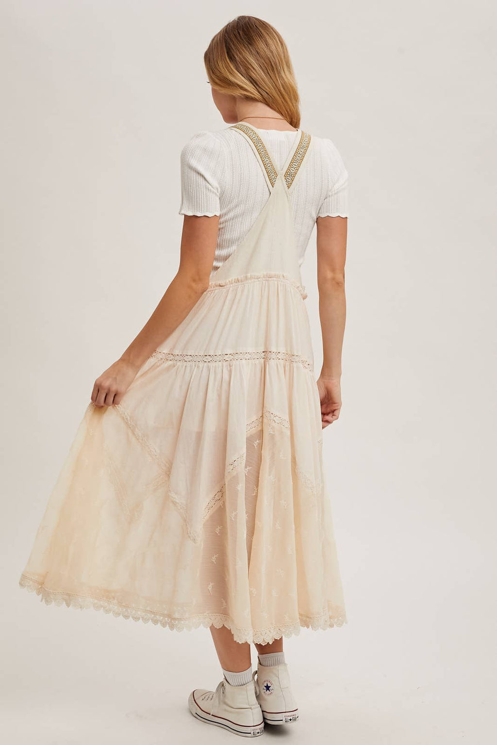LACE EMBROIDERED TULLE BIB MAXI DRESS: ASH