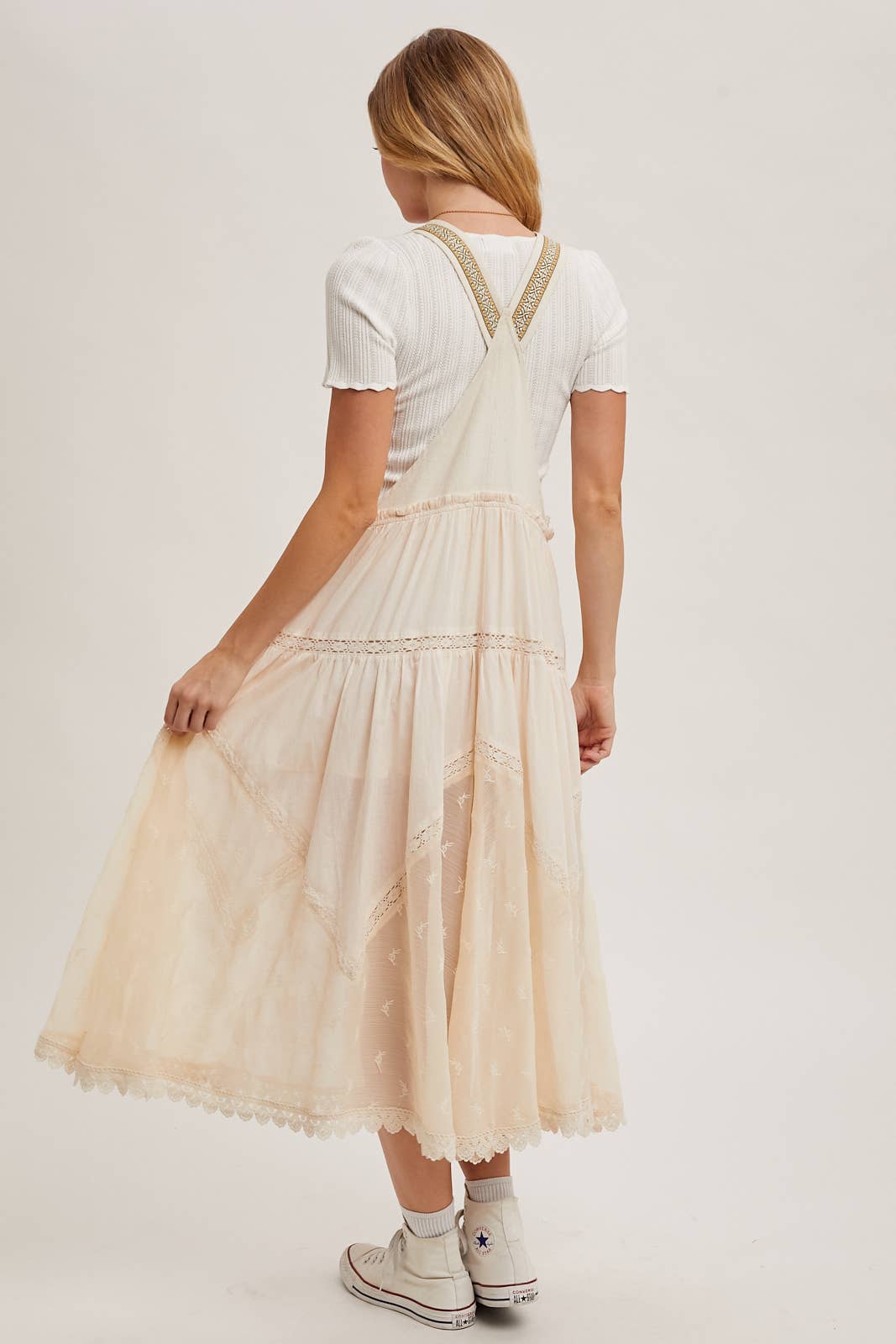 LACE EMBROIDERED TULLE BIB MAXI DRESS: ASH