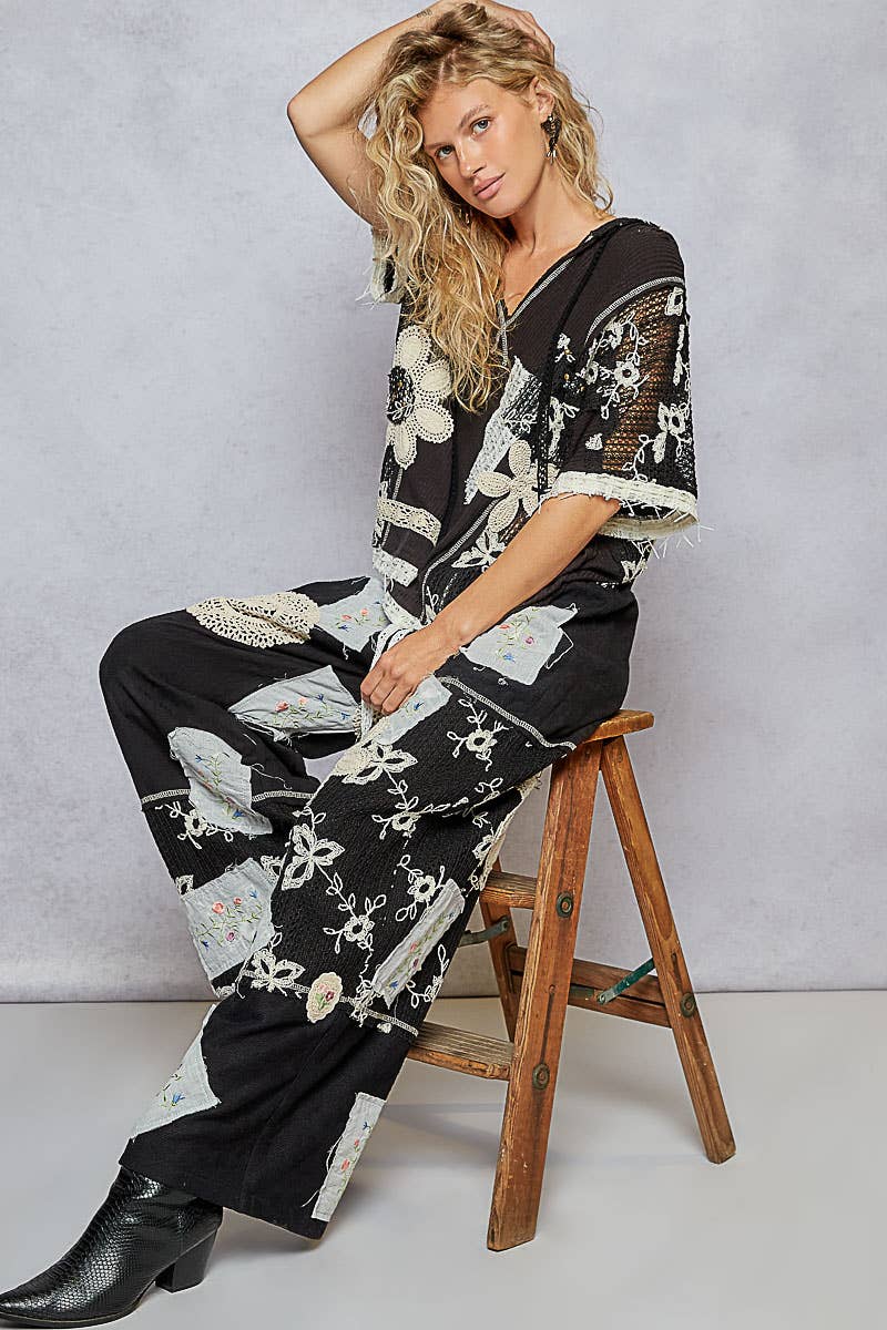 Solid Lace Patch Detail Woven Pants: CHOCO STRIPE