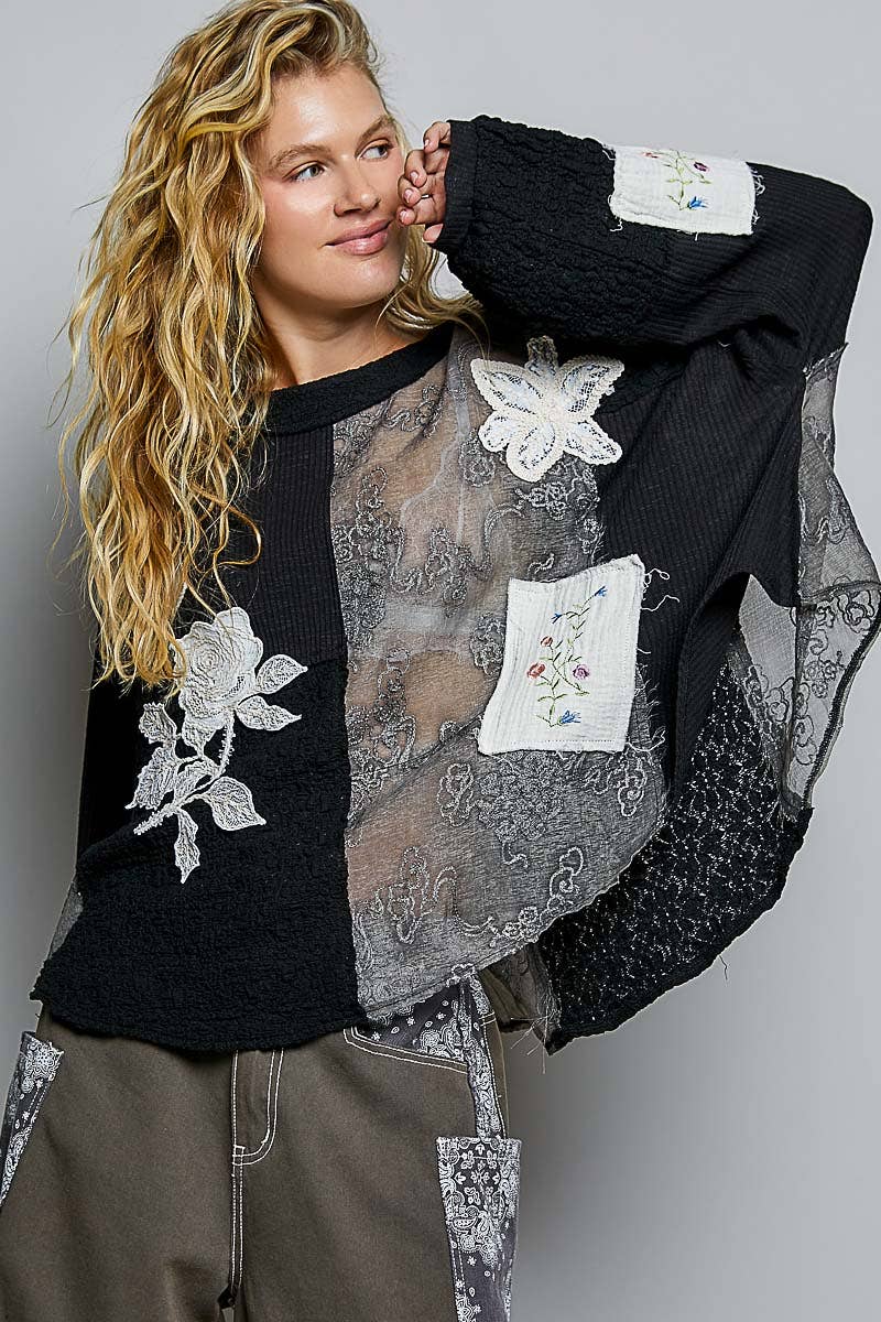 Round Neck Long Sleeve Crochet Embroidered Patch Lace Top: NATURAL / L