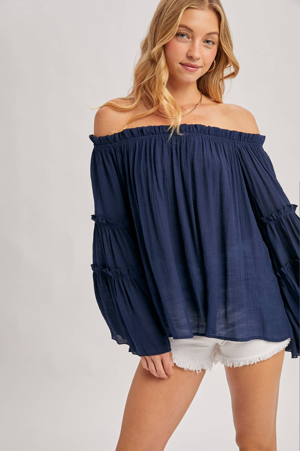 TEXTURED BELL SLEEVE OFF THE SHOULDER TOP: ROSE / S