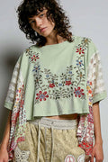 Boho Side Ruffle Detail Floral Embroidery Thermal Top: MINT / M