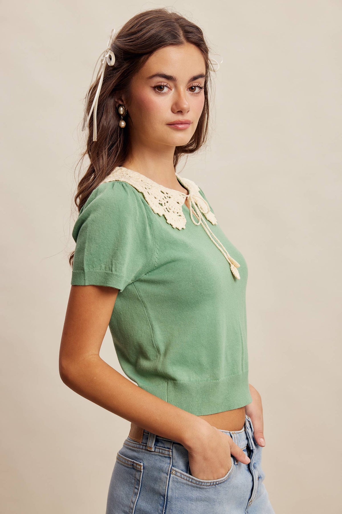 Crochet Collar Short Sleeve Knit Top LSW1048