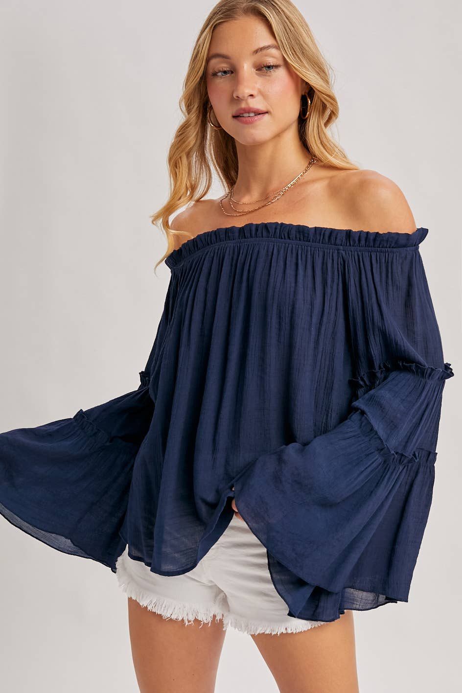 TEXTURED BELL SLEEVE OFF THE SHOULDER TOP: ROSE / S