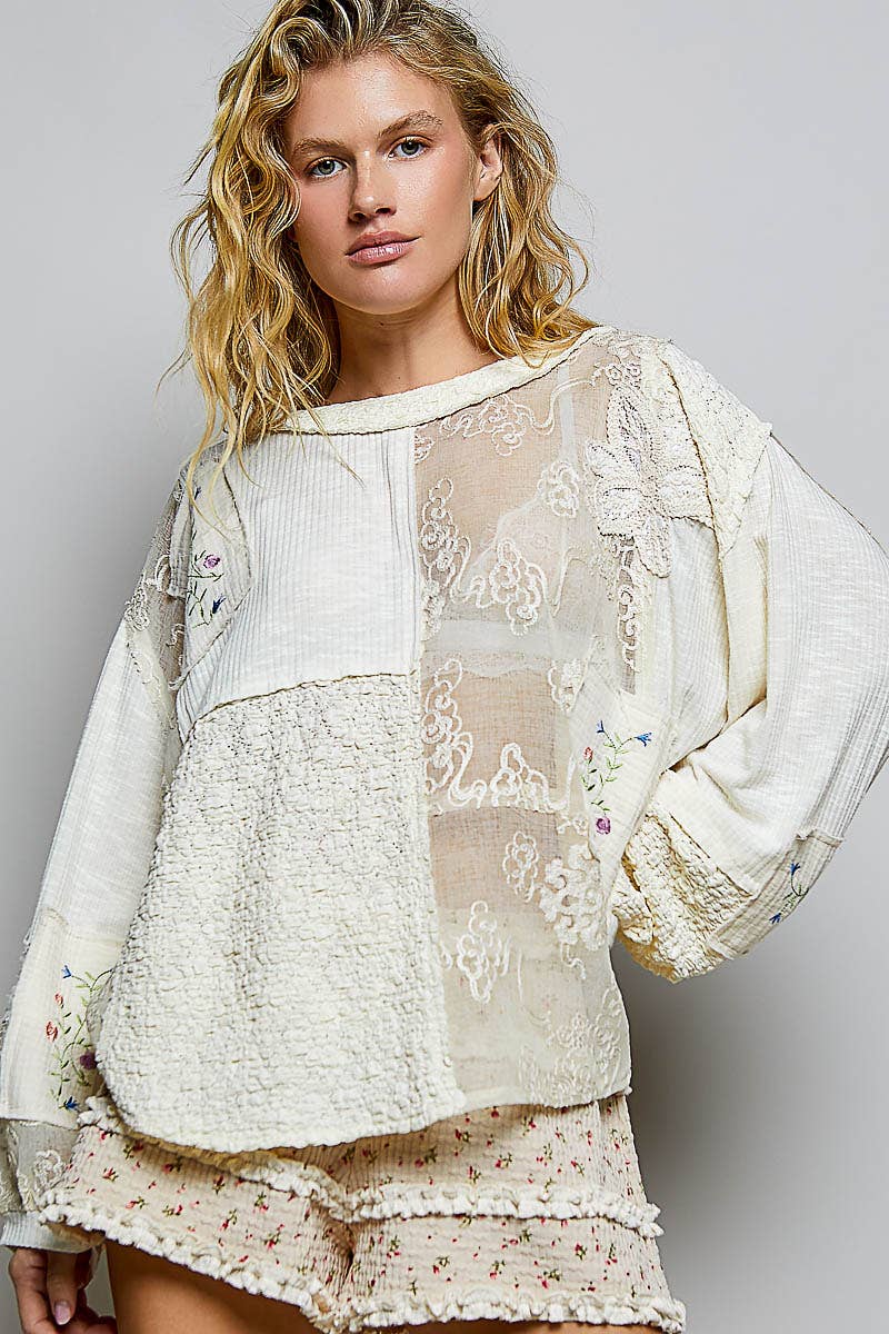 Round Neck Long Sleeve Crochet Embroidered Patch Lace Top: NATURAL / M