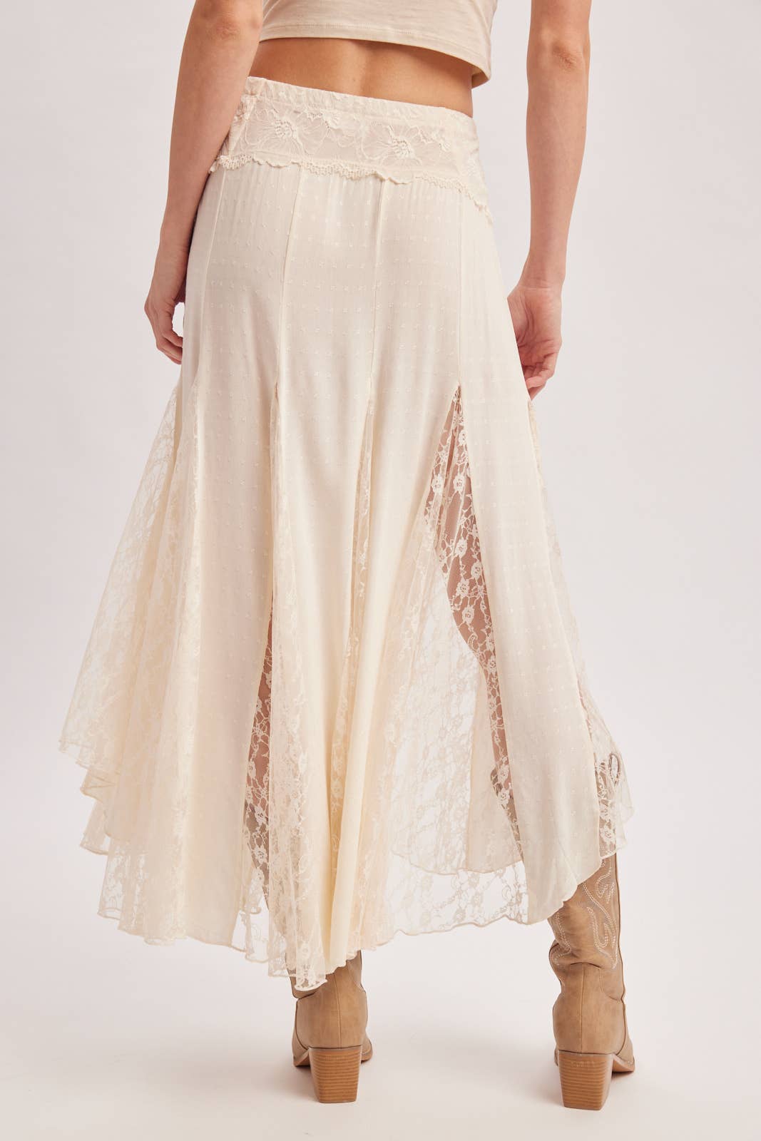 BOHO FLOWY LACE MAXI SKIRT WITH NO LINING - EASTER DAY: ECRU / S