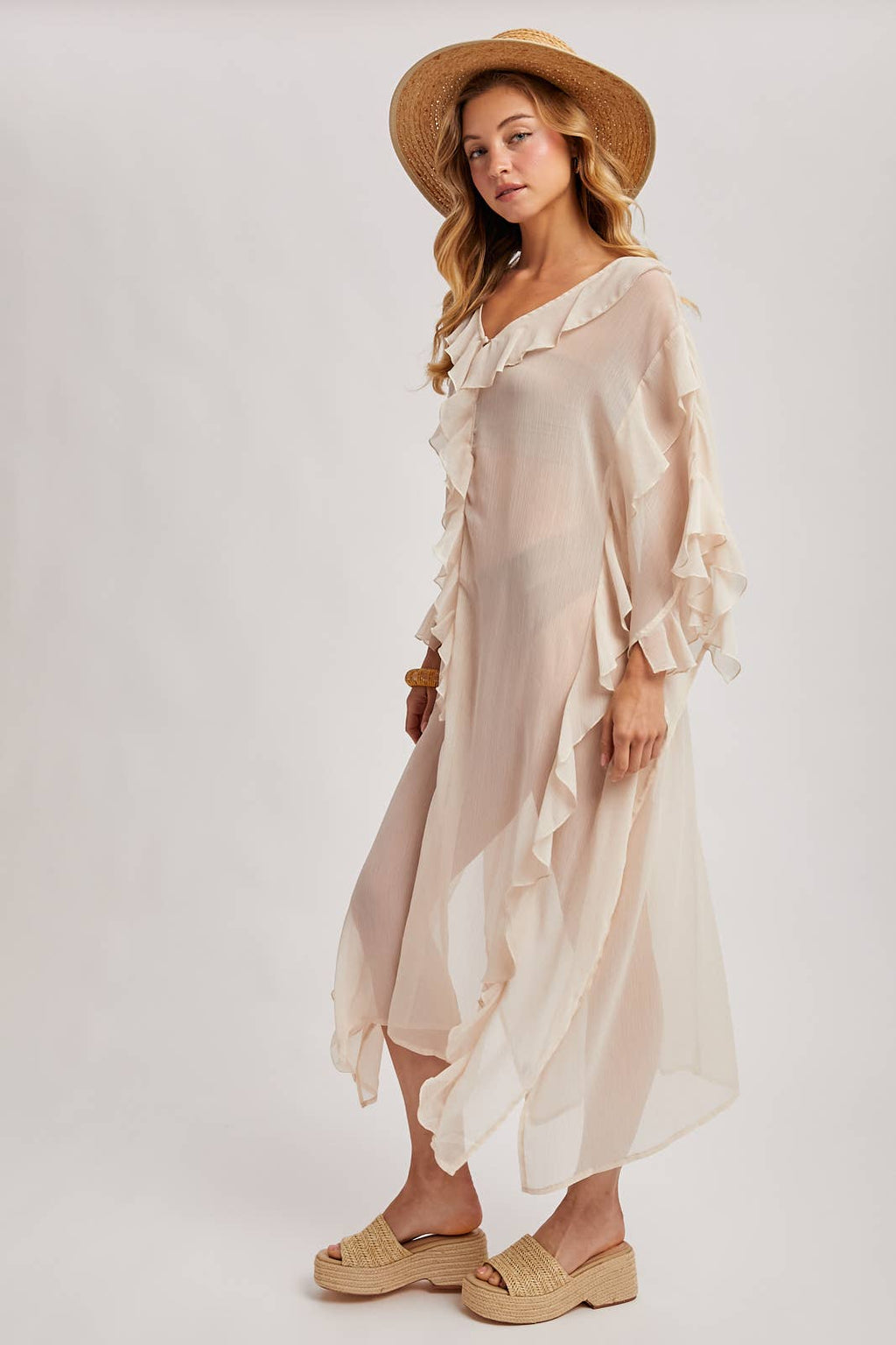 SHEER RUFFLED OPEN FRONT KIMONO COVER-UP DRESS - EASTER DAY: DUSTY PINK / One Size