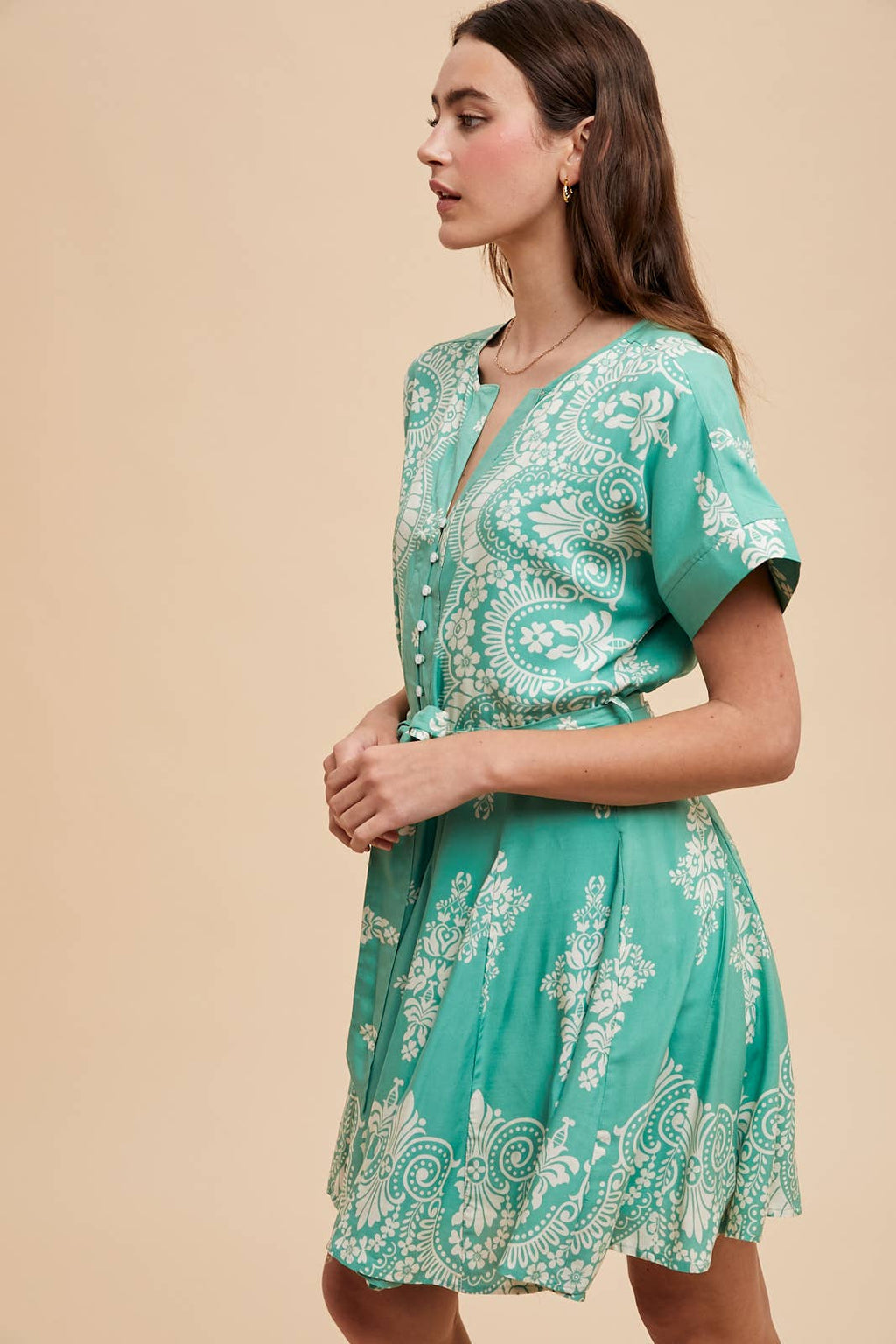 BORDER PRINT FLARED MINI DRESS: JADE