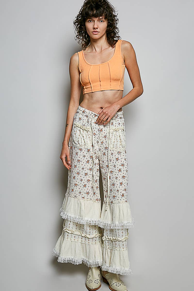 Double Gauze Floral Front Patch Pockets Ruffle Wide Pants: MOCHA MULTI