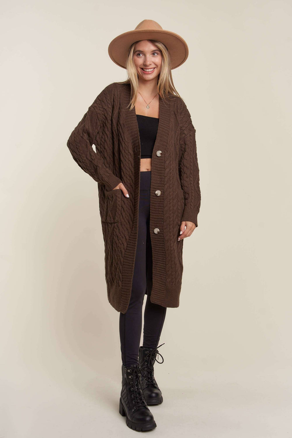 LESW3450A - CABLE KNIT LONG SWEATER CARDIGAN: BROWN / S/M-M/L(3-3)
