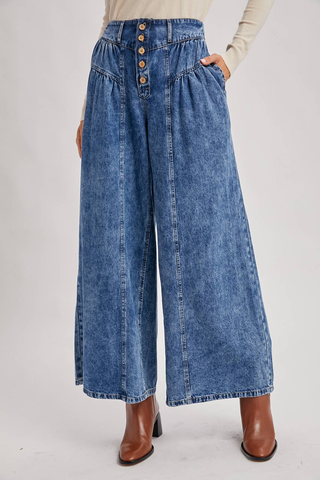 DENIM PLEATED RETRO HIGH-RISE WIDE LEG JEANS: LT.WASH / S