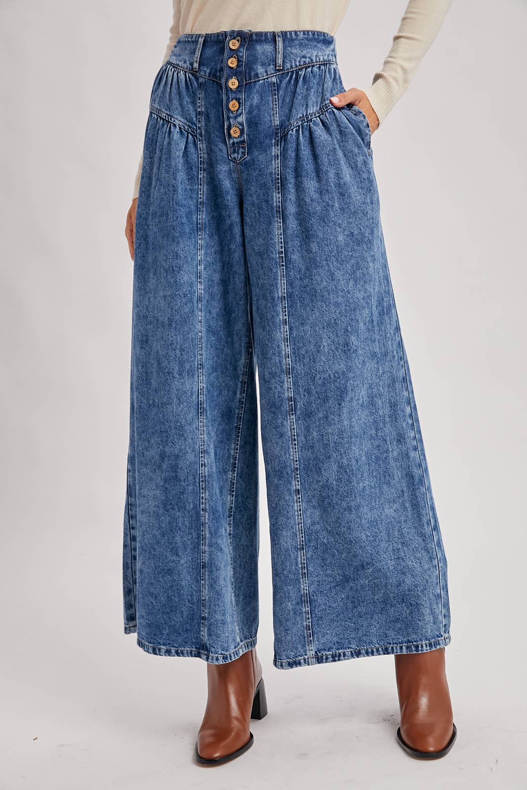 DENIM PLEATED RETRO HIGH-RISE WIDE LEG JEANS: LT.WASH / S