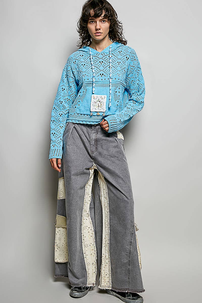 Chenille Crochet Lightweight Pullover Hoodie Sweater: NATURAL / S