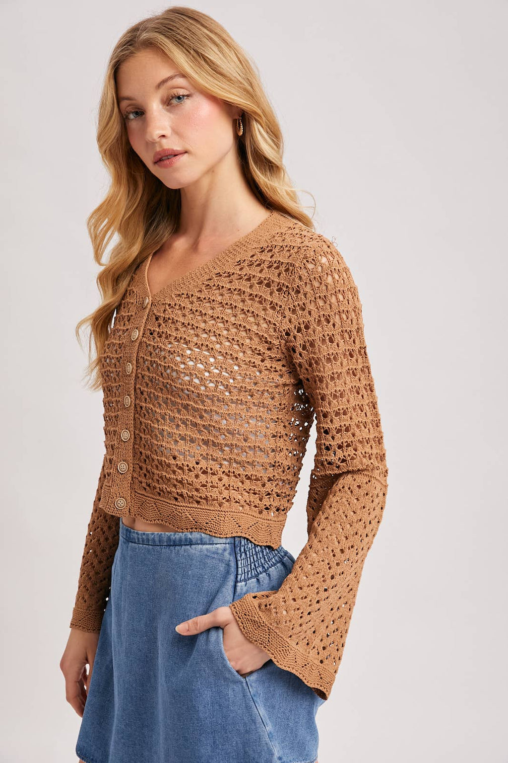 BUTTON DOWN OPEN-KNIT CROCHET CARDIGAN: MOCHA / S