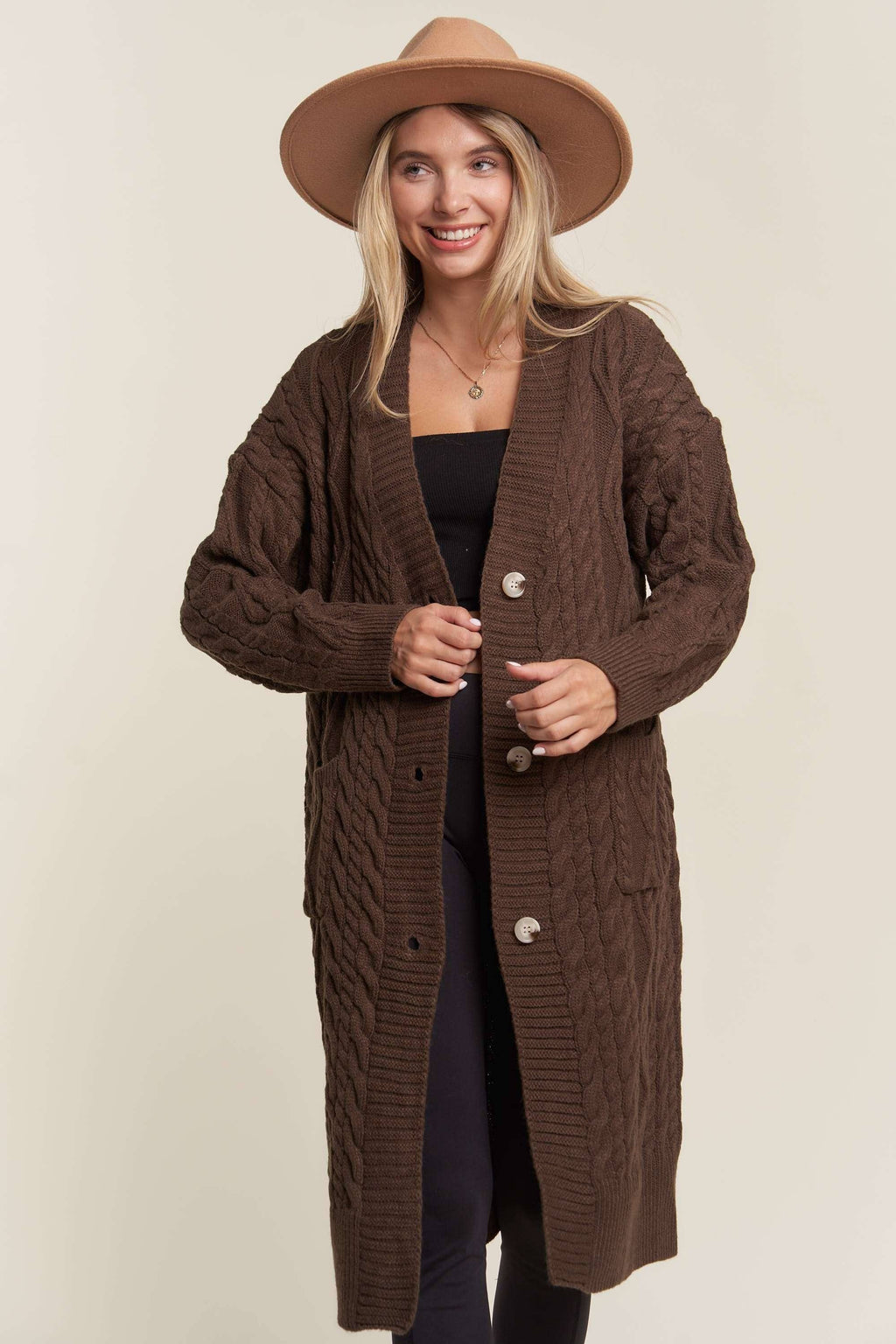 LESW3450A - CABLE KNIT LONG SWEATER CARDIGAN: BEIGE / S/M-M/L(3-3)