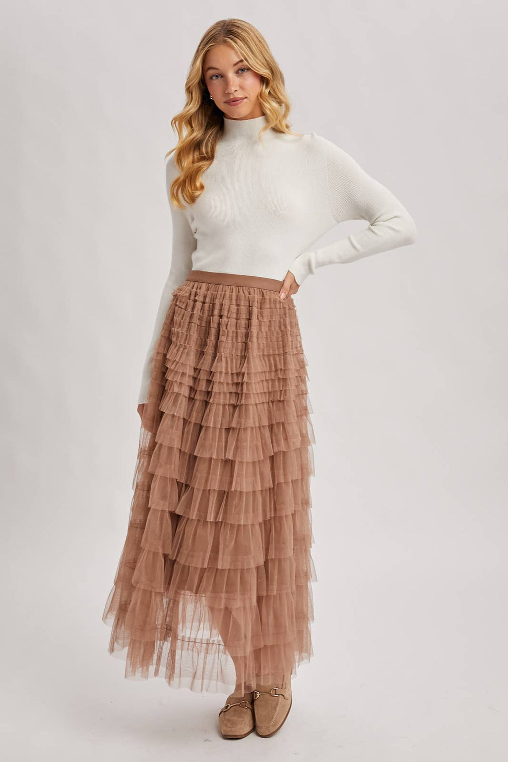RUFFLED TULLE MIDI SKIRT: MAUVE / S