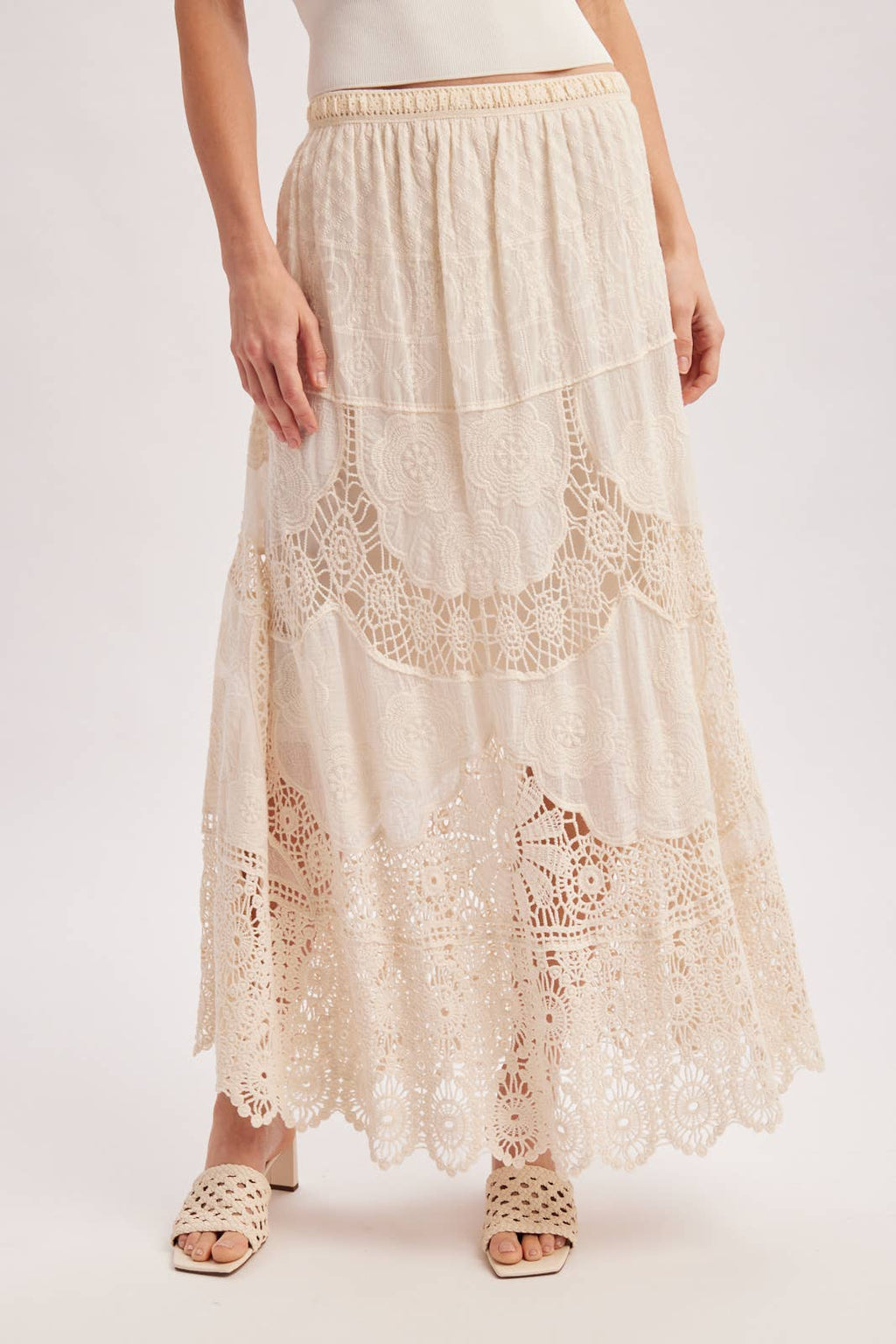 BOHO SHEER LACE MAXI SKIRT WITH LINING: NATURAL / L