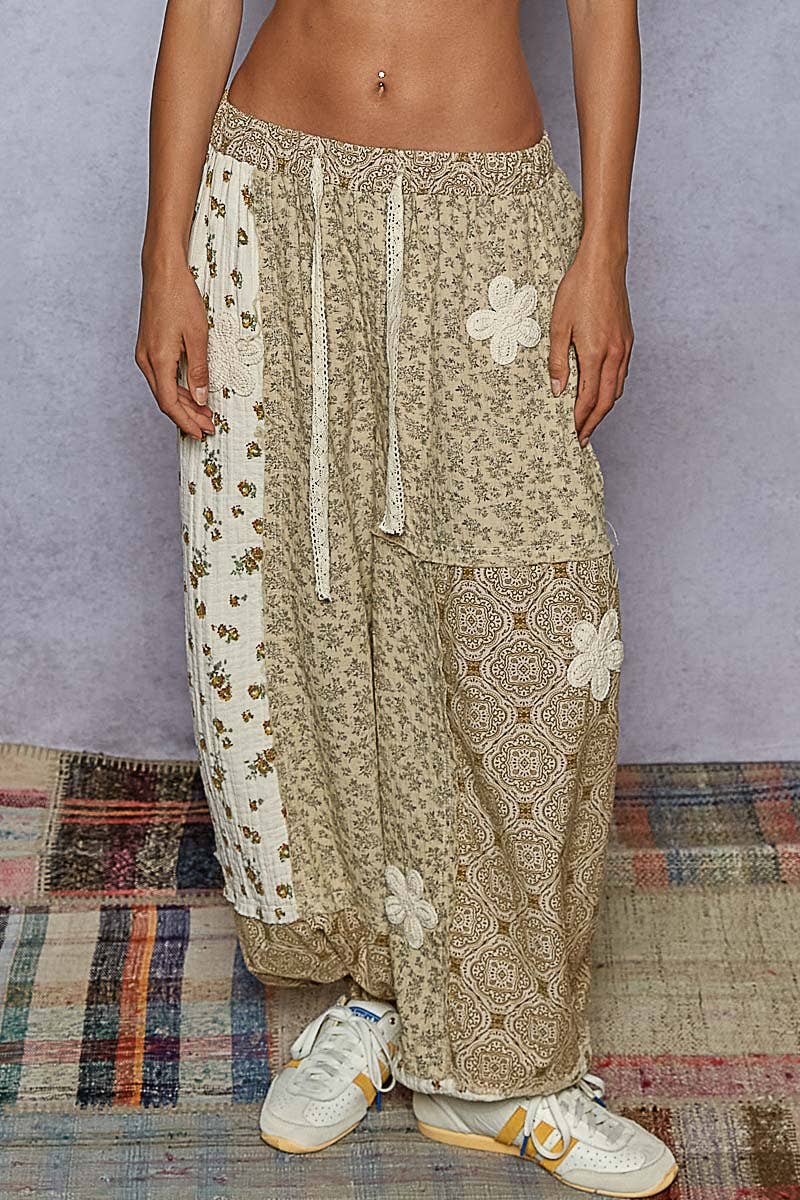 Crochet Patch Detail Contrast Patchwork Printed Woven Pants: CREAM MULTI / M