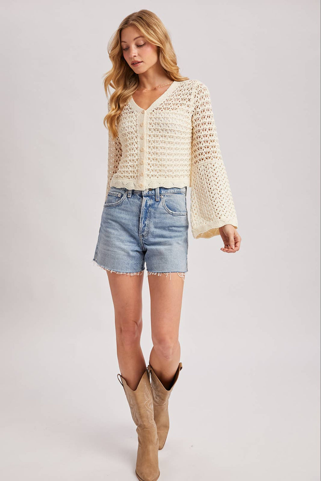 BUTTON DOWN OPEN-KNIT CROCHET CARDIGAN: MOCHA / S