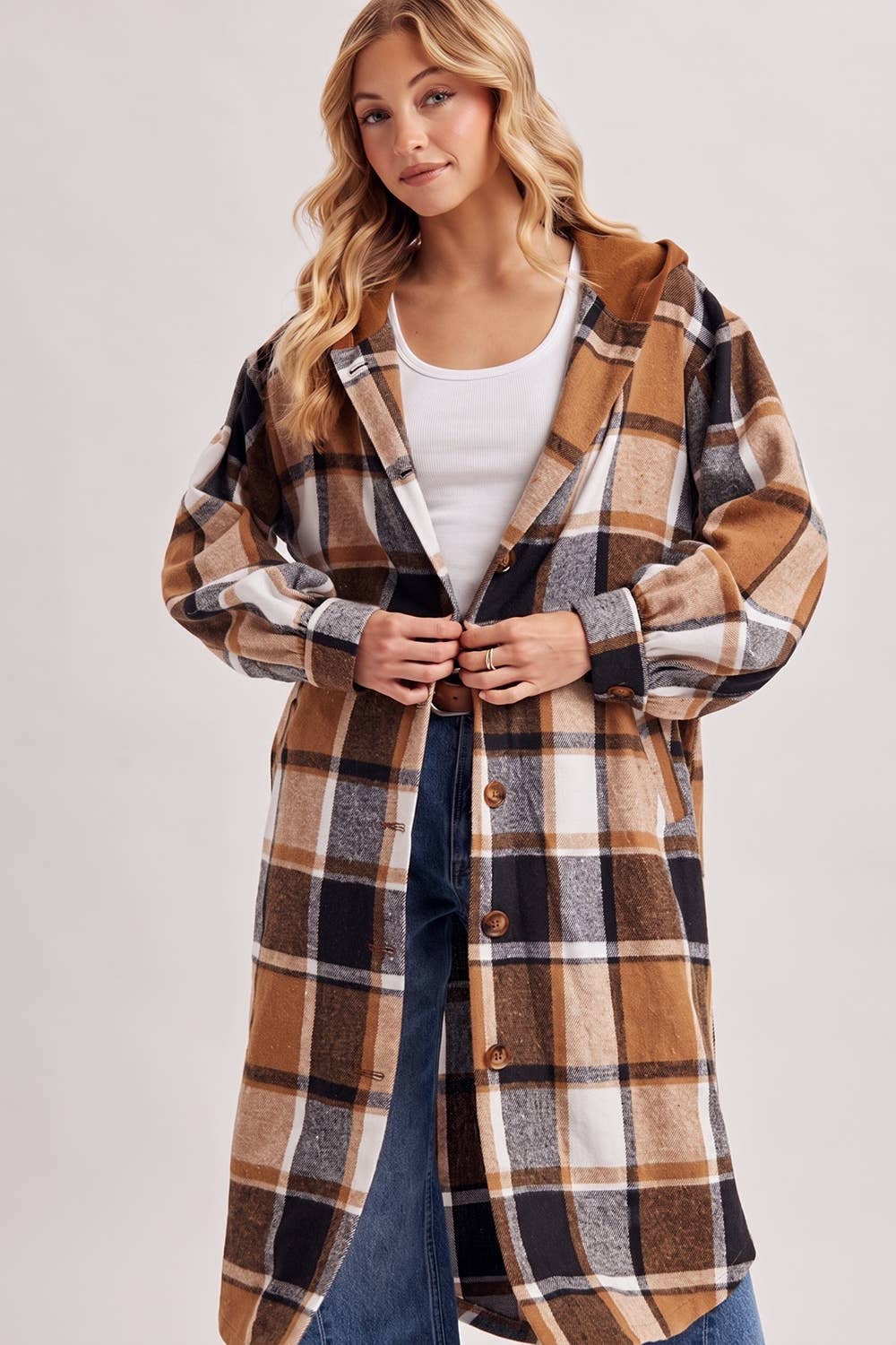 LONGLINE PLAID HOODED JACKET