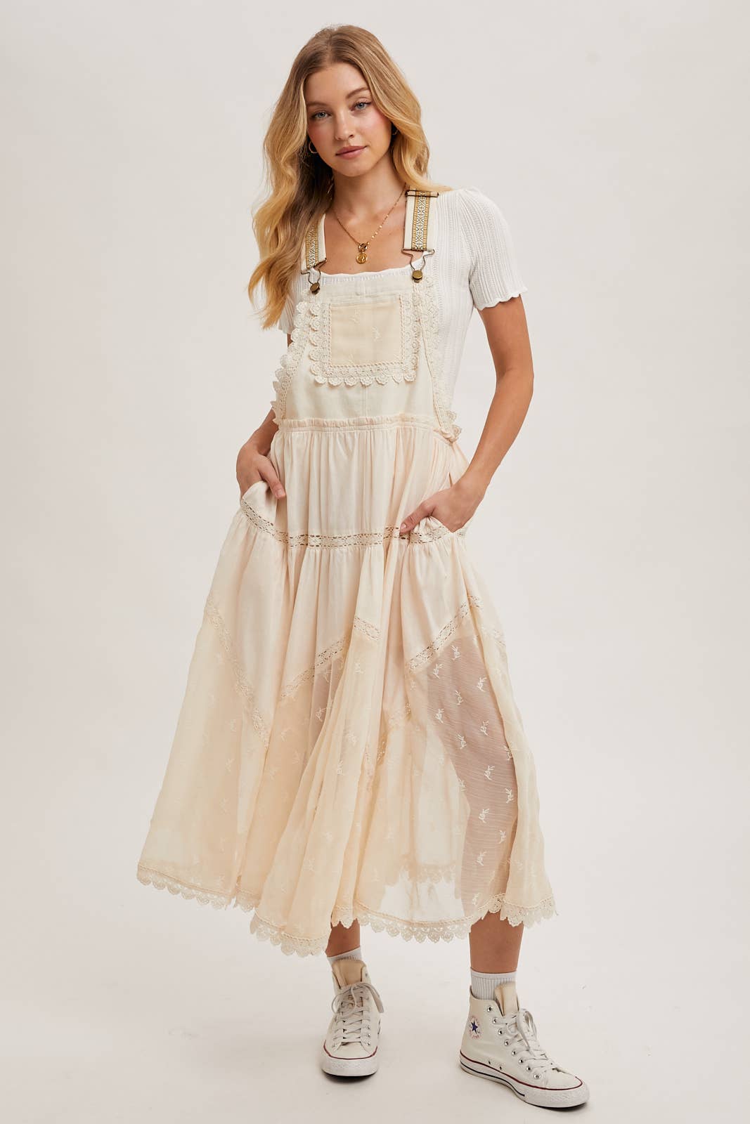 LACE EMBROIDERED TULLE BIB MAXI DRESS: ASH