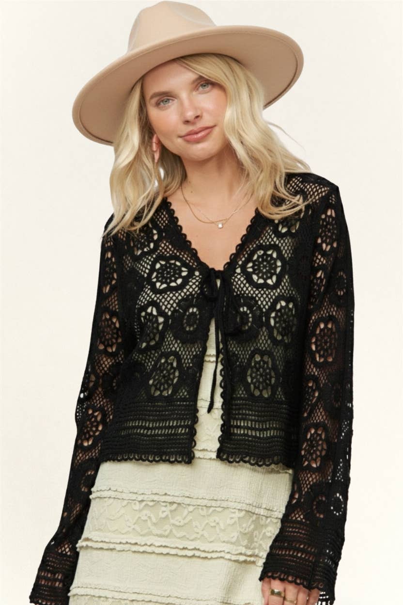 CROCHET LACE OPEN FRONT CARDIGAN- LEJ4080: NATURAL / SM-ML(3-3)