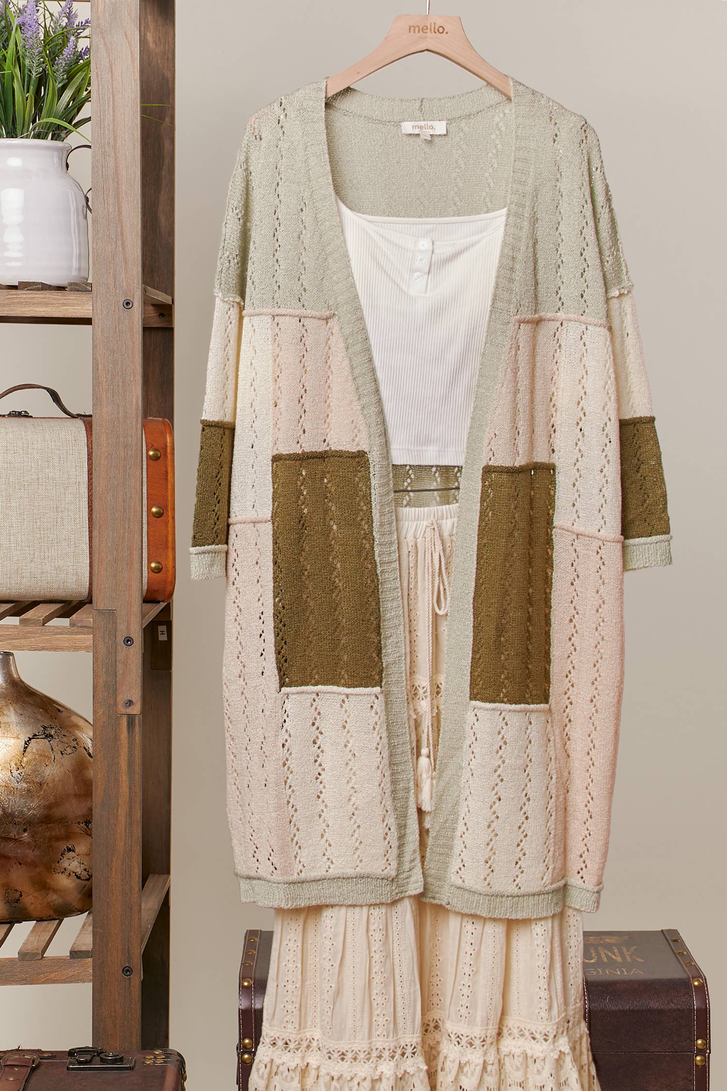 Color Block Patch Pocket Long Cardigan: Olive / M