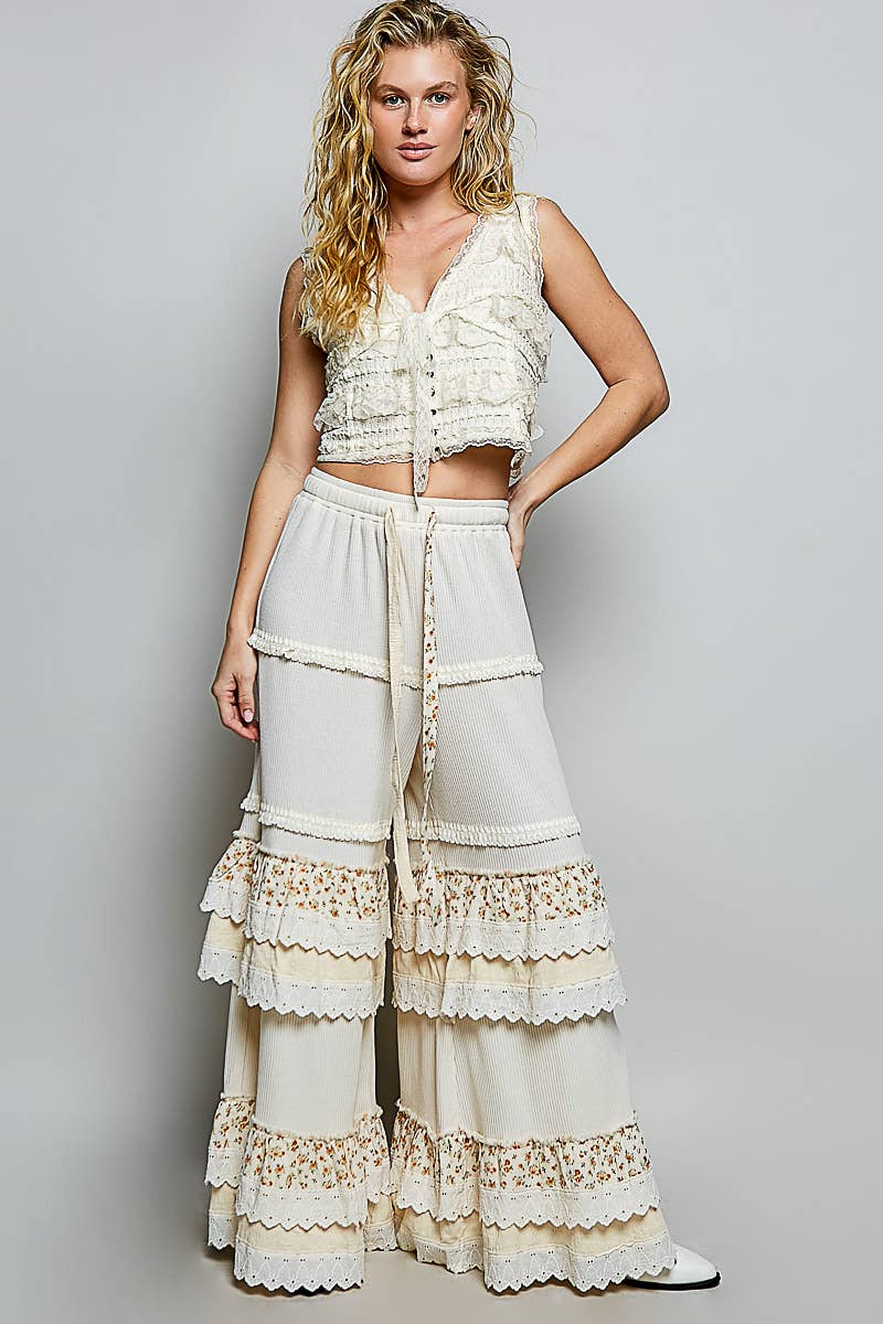 Floral Contrast Eyelet Ruffle Lace Trim Straight Knit Pants: BLUSH