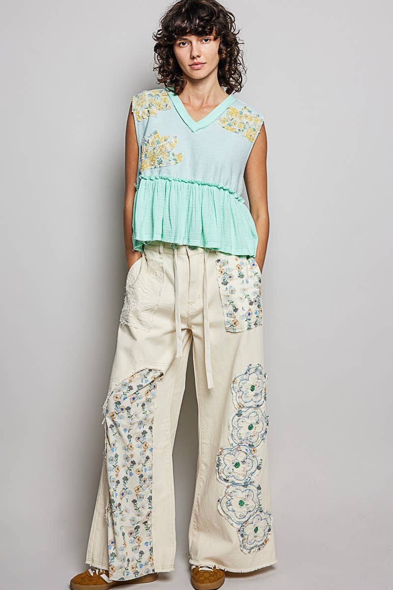 Boho Floral Patch V-Neck Sleeveless Top: NATURAL