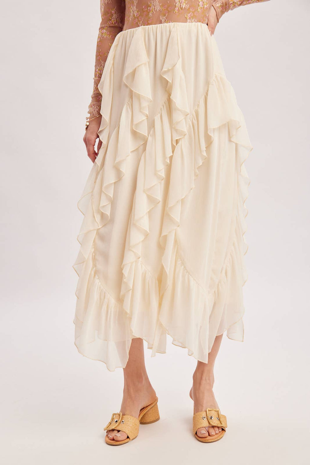 SEMI-SHEER CHIFFON RUFFLED TULLE MIDI SKIRT: ECRU