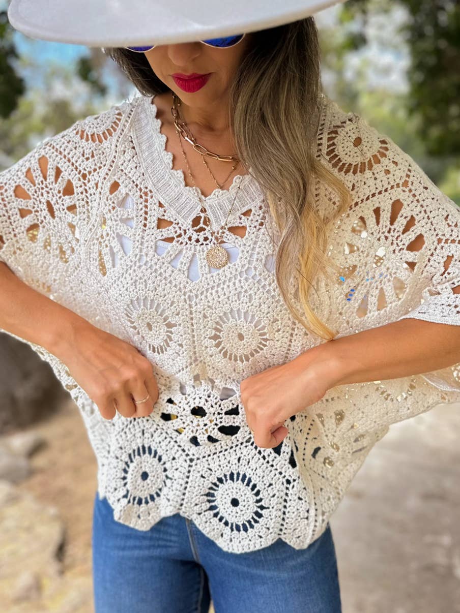 Hexagon Boho Floral Pattern V-Neck Dolman Sleeve Crochet Top: Ivory / One Size