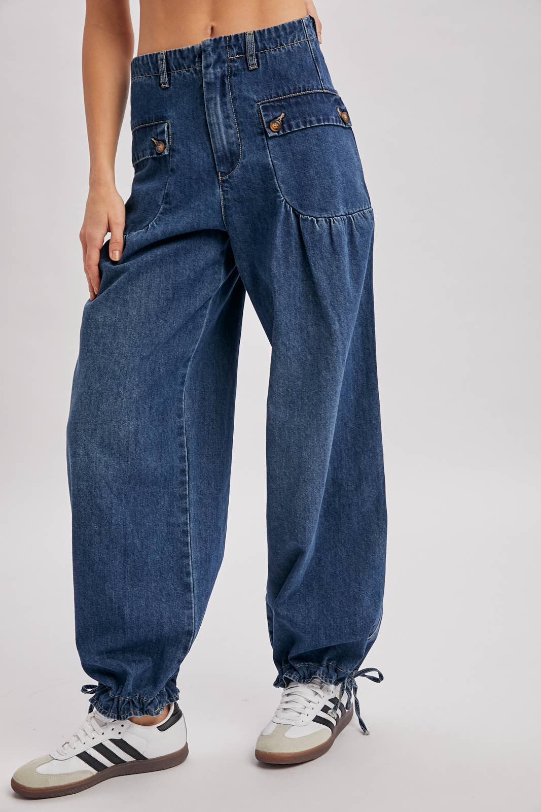 DENIM ANKLE DRAWSTRING BALLOON JEANS: DK.WASH / S
