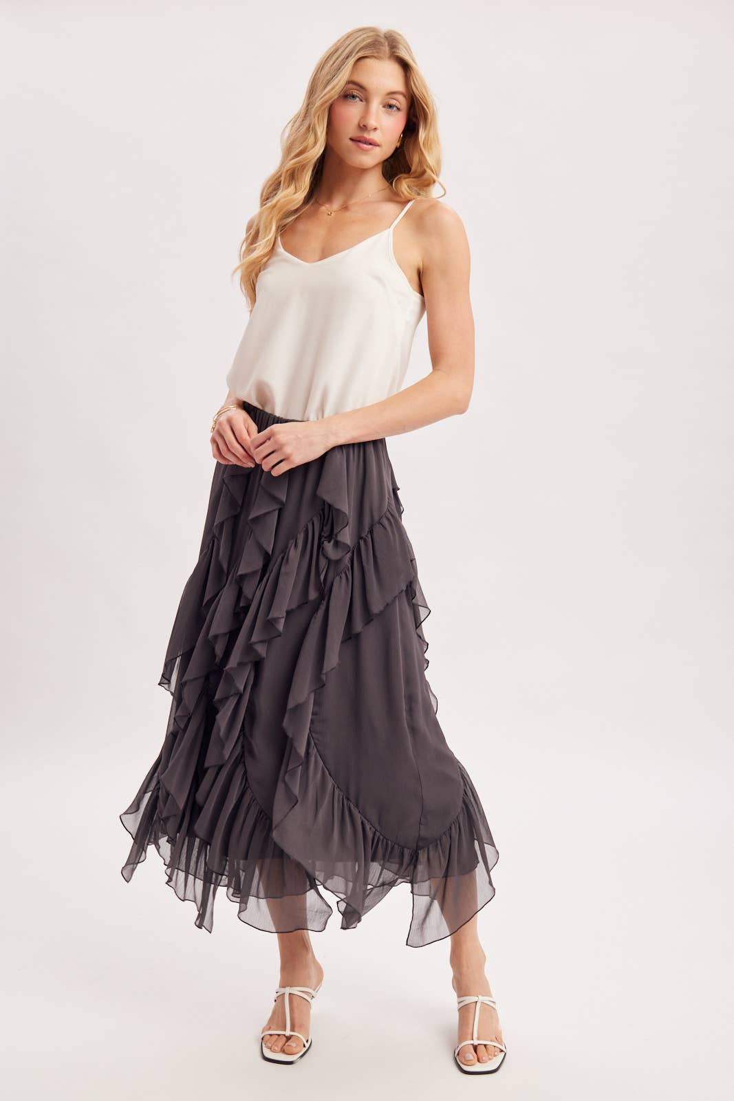 SEMI-SHEER CHIFFON RUFFLED TULLE MIDI SKIRT: ECRU