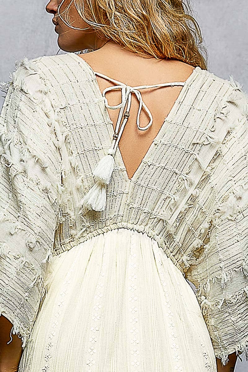 V-neck Metal Button Down Textured Linen Solid Maxi Dress: NATURAL / L