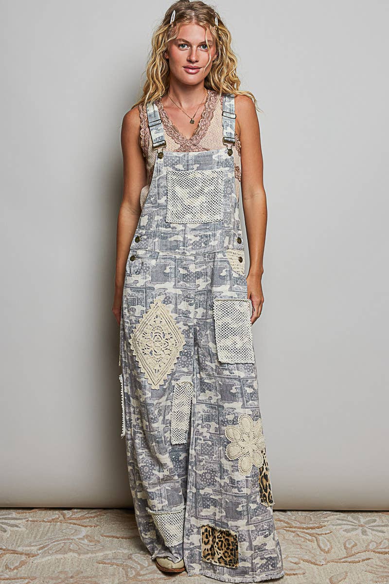 Crochet Contrast Patch Detail Chest Pocket Woven Overalls: ALMOND CAMO / L