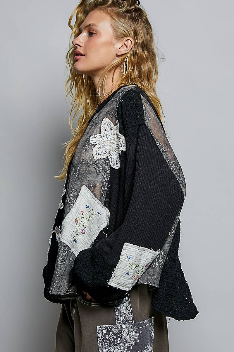 Round Neck Long Sleeve Crochet Embroidered Patch Lace Top: NATURAL / L